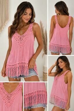 Essentials by Sioni Crochet Fringe Bikini CoverUp Tunic Women L Pink Resort Wear